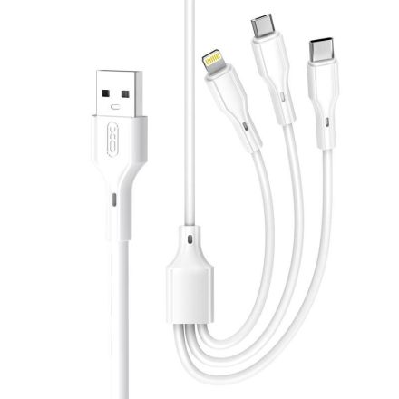 TelForceOne , XO TÖLTŐKÁBEL, USB C + LIGHTNING + microUSB, 1 méteres kábellel, 2,4A, Fehér