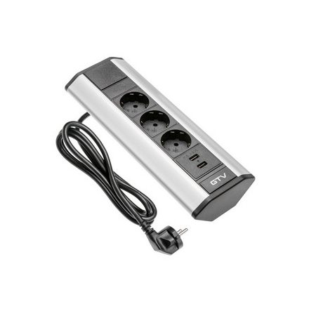 Sarki tápellátás 3 x aljzat, 2xUSB 2.1A 5V, 220-240V AC max. 3600W, IP20, 1,5 m-es kábellel és dugóval, (ezüst), SCHUKO