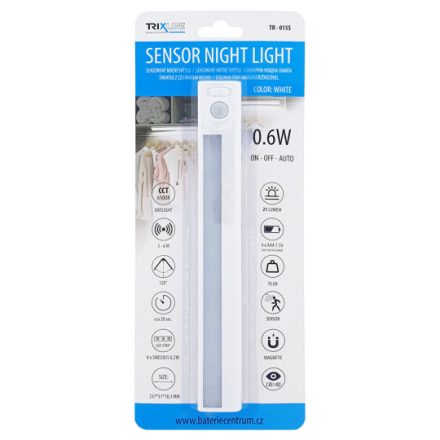 TRX Bútorvilágító (éjjeli fény) mozgásérzékelővel, 0,6W, 21lm, 6500K, 4XAAA, fehér