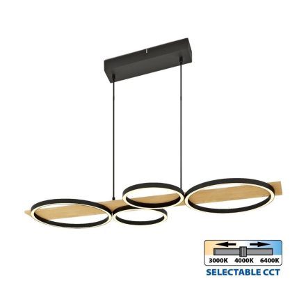 Vivalux LED Függesztett Mennyezeti lámpa, CCT, 38W, 3-6400K, 1529lm, IP20, 900x380x1200 mm, Fekete/Fa, MATTEO