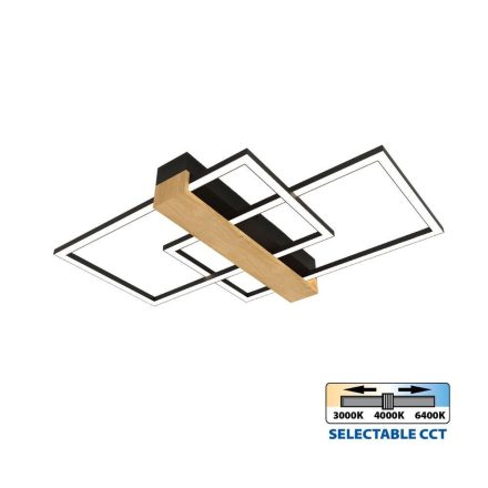 Vivalux LED Mennyezeti lámpa, CCT, 36W, 3-6400K, 1919lm, IP20, 540x360x75 mm, Fekete/Fa, LUCAS