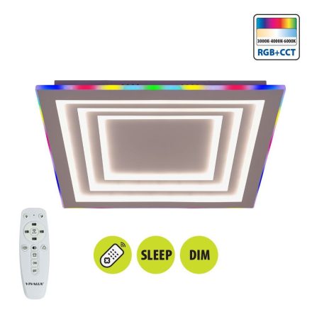 Vivalux LED Mennyezeti lámpa, távirányítóval, RGB+CCT, 102W, 3-6000K, IP20, 4635lm, 230V, 480X480X45mm, DAKOTA