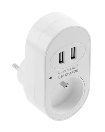 Elektromos aljzat USB-vel, 220-240VAC, max. 3500W, 2xUSB töltő, IP20, fehér, FRANCIA, francia