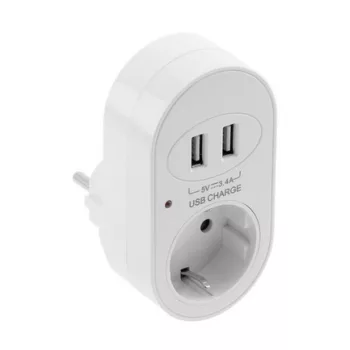   Elektromos aljzat USB-vel, 220-240VAC, max. 3500W, 2xUSB töltő, IP20, fehér, SCHUKO, SCHUKO