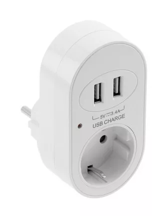Elektromos aljzat USB-vel, 220-240VAC, max. 3500W, 2xUSB töltő, IP20, fehér, SCHUKO, SCHUKO