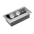 Téglalap alakú felugró tápegység 2 x konnektor, 220-240V AC max. 3600W, IP20 2xUSB, 1,5 m-es kábellel és dugóval, alumínium, FRANCIA