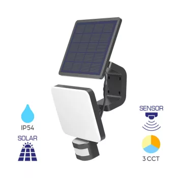   Braytron LED mozgásérzékelő szolár, 15W, 4000K, IP54, dimmelhető, fekete