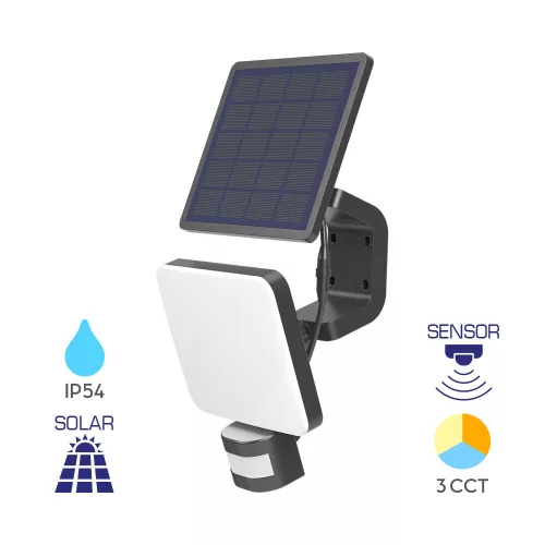 Braytron LED mozgásérzékelő szolár, 15W, 4000K, IP54, dimmelhető, fekete