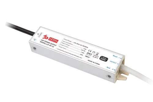 Ledis Alumínium házas Tápegység, 20W 12V, 1,66A, IP67, 141X30X22 mm