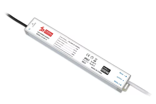 Ledis Alumínium házas Tápegység, 200W 12V, 16,6A, IP67, 332X40X22 mm