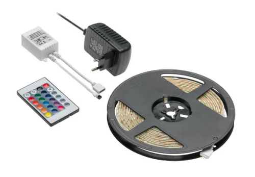 RGB-készlet, 5 m-es LED szalag, RGB-vezérlő, LED-meghajtó, IR távirányító, IP20 