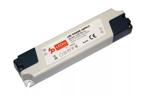 Ledis műanyag házas Led tápegység, 60W, 12V, 5A, 316X18X15mm, Sorkapcsos