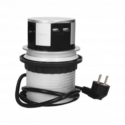 Bútorba süllyeszthető aljzat USB töltővel és 1,5 m kábellel, Schuko 3 x 250V AC/16A; 3680W; IP20 ; 2 x kimeneti USB töltő USB 5V DC; kábel hossza 1,5 m. 