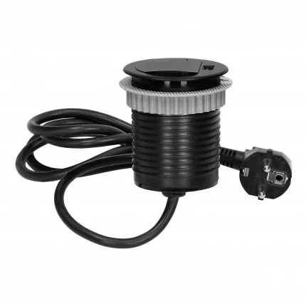 Süllyesztett bútoraljzat, fekete, Schuko Ø6cm, védőburkolattal, USB töltővel és 1,9m kábellel, 1x2P+E, 1xUSB