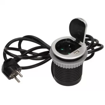   Bútorba süllyeszthető aljzat USB töltővel és 1,8 m kábellel, Schuko 230V AC, 1x16A, 250V AC, 5V DC/2,1A, 3680W, IP20 