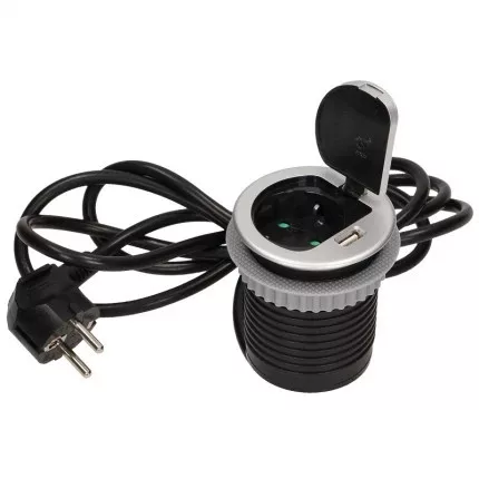 Bútorba süllyeszthető aljzat USB töltővel és 1,8 m kábellel, Schuko 230V AC, 1x16A, 250V AC, 5V DC/2,1A, 3680W, IP20 