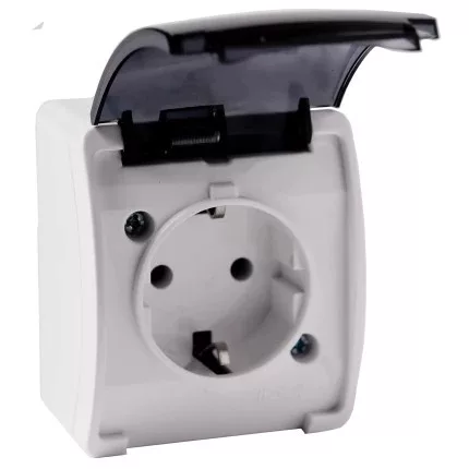 Egyszeres aljzat 2P+E Schuko AQUATIC IP44 fehér+füstös burkolat, 10 db.
