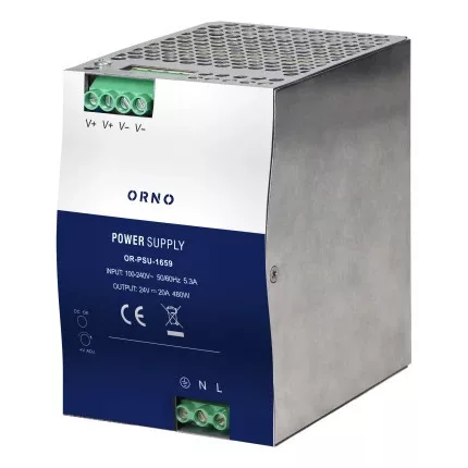 Ipari tápegység DIN sínre, 24VDC, 20A, 480W, fémház, 24VDC, 20A, 480W, fémház
