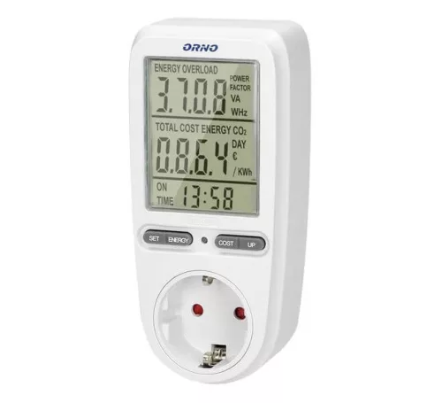 ORNO Digitális energiafogyasztás mérő LCD kijelzővel, dugaljba dugható