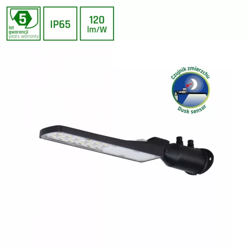 LED Utcai világítás, alkonyatérzékelővel, STREETOS SLIM, 30W, 4000K, 3600lm, IP65, 230V, 140 / 85 °, 423x109x76 mm
