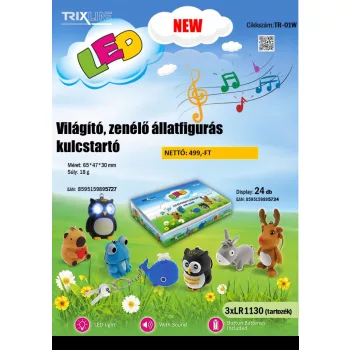   TRixline LED Világító, zenélő kulcstartó, állatfigurás, 3XLR1130 (tartozék), 24db/kínáló tálca
